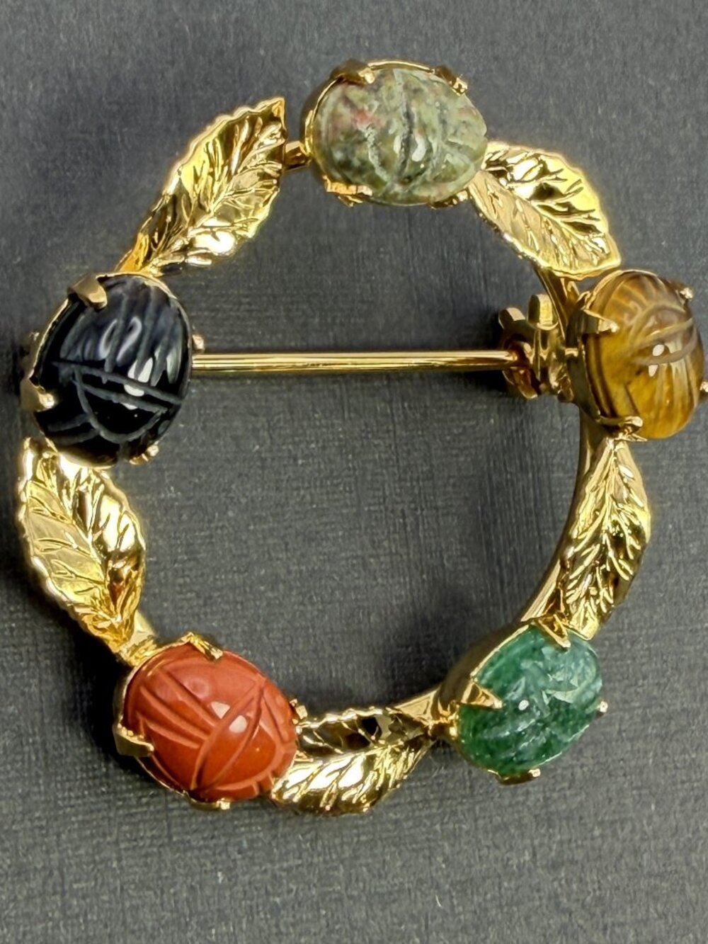 Vintage Natural Stone Scarab Beetle Brooch Gold Tone Wreath Multicolor Pin